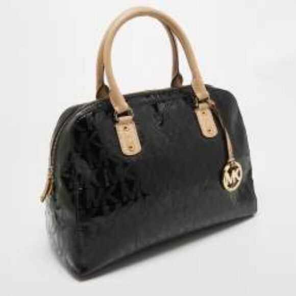 MICHAEL Michael Kors Black Signature Patent Leather Satchel with Gold MK Charm - Picture 5 of 8